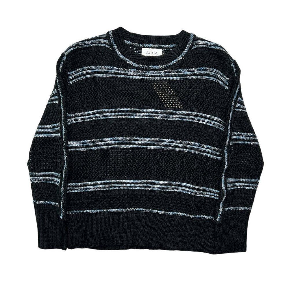 ALBA Women's Size Medium Black‎ & Blue Knit Wool Crewneck Sweater